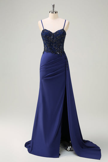Navy Mermaid Ruched Streamer Long Prom Dress with Appliques